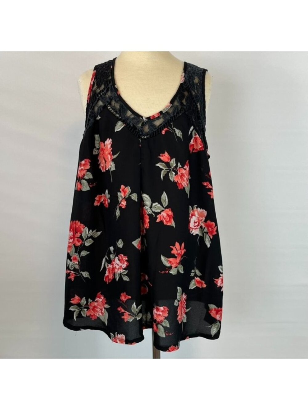 Davina Black Floral Tank Top Blouse Shirt ((size Large))